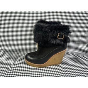 Tory Burch Andrea Rabbit Fur Wedge Boots Black Suede Women's Size 5.5 Buckle